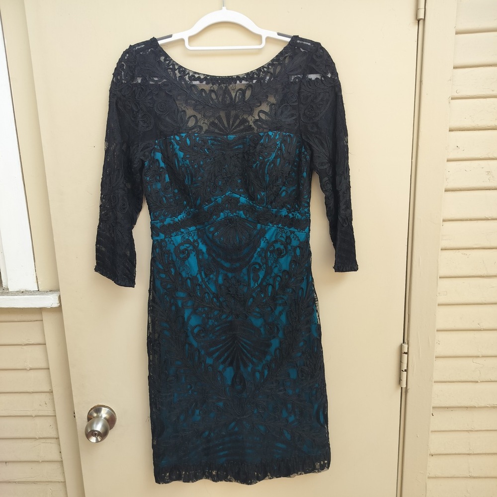 Sue Wong Black Lace Teal‎ Lined Long Sleeve Cocktail Dress Party Evening Sheath